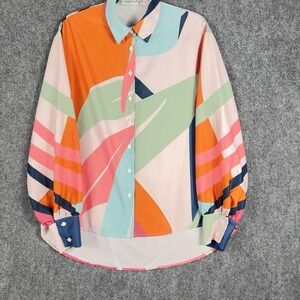 Mad Boutique Womens L Colorblock Abstract Button Up Blouse Long Sleeve Top